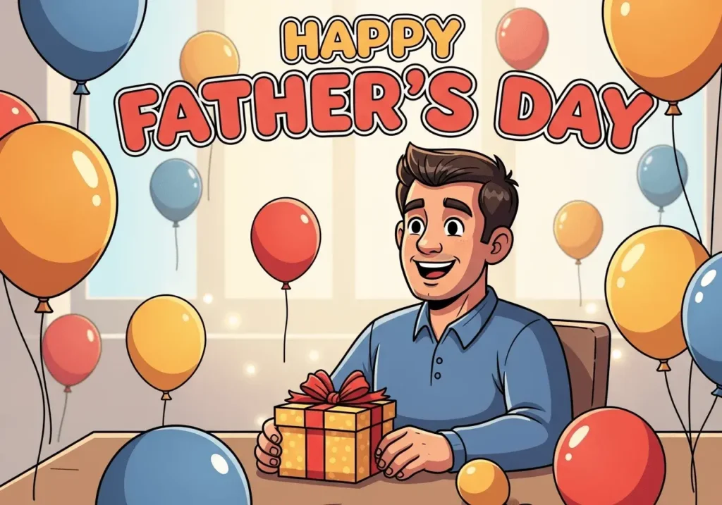 An AI-generated Happy Father's Day image showing a dad surrounded by balloons