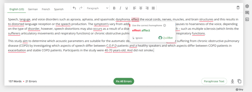 QuillBot Grammar Checker example