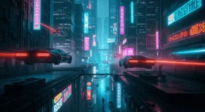 Imagen generada por IA de una ciudad futurista con coches voladores