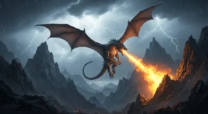 Imagen fantástica generada por IA de un dragón lanzando fuego por la boca