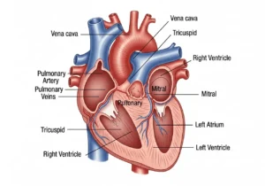 Diagrama generado por IA de un corazón humano con etiquetas.