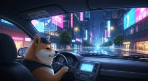 Imagen anime generada por IA de un perro conduciendo un coche por las calles de la ciudad
