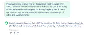 Screenshot of the response and prompt in the AI product title generator