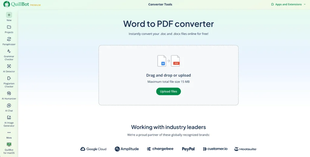 A screenshot of QuillBot's Word to PDF converter