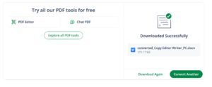 Screenshot of QuillBot’s PDF to DOCX converter webpage showing theScreenshot of QuillBot’s PDF to DOCX converter webpage showing the convert area where a file has been successfully downloaded.