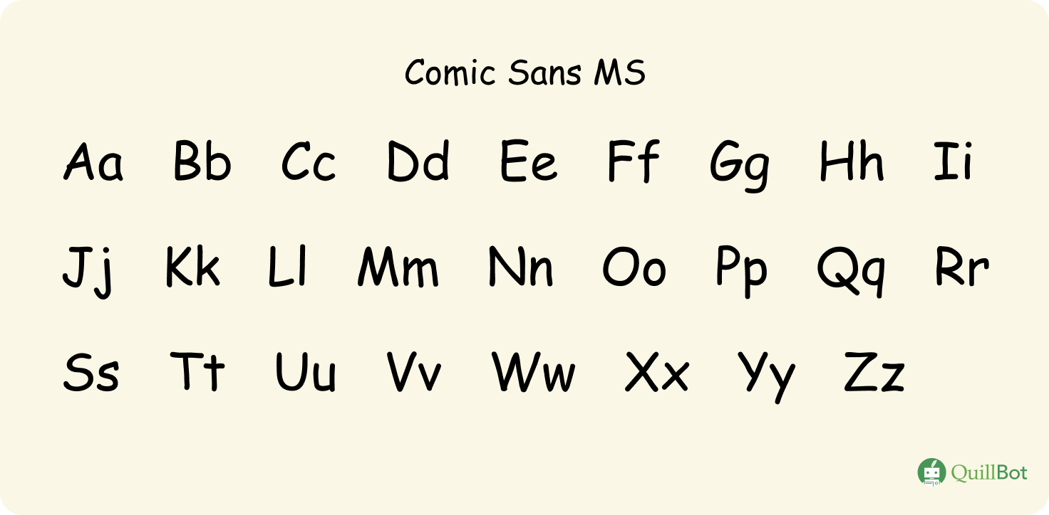 A imagem do alfabeto na fonte Comic Sans MS em caixa alta e caixa baixa.