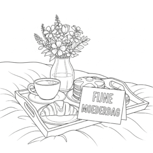 Een ontbijtje op bed met een boeket bloemen en een kaartje