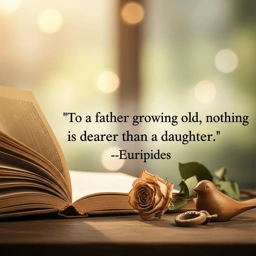 happy father's day graphic with a quote from euripides and a book and dried rose