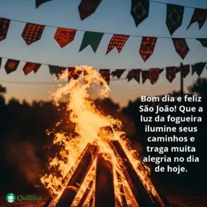A imagem tem uma fogueira e bandeirinhas, e as frases: Bom dia e feliz São João! Que a luz da fogueira ilumine seus caminhos e traga muita alegria no dia de hoje.