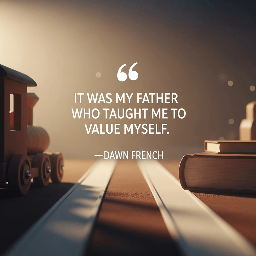 happy father's day graphic with a quote by dawn french with images of a child's toy train and train tracks