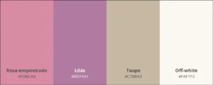 Paleta com 4 cores: Rosa-empoeirado, lilás, taupe, off-white