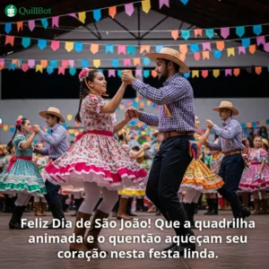 A imagem tem foco em um casal dançando quadrilha com outros casais ao fundo, bandeirinhas no alto e as frases: Feliz Dia de São João! Que a quadrilha animada e o quentão aqueçam seu coração nesta festa linda.