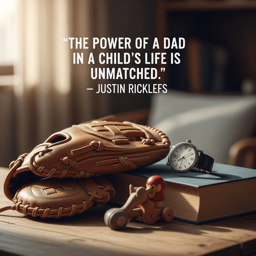 happy father's day graphic with a quote by justin ricklefs showing a baseball mit