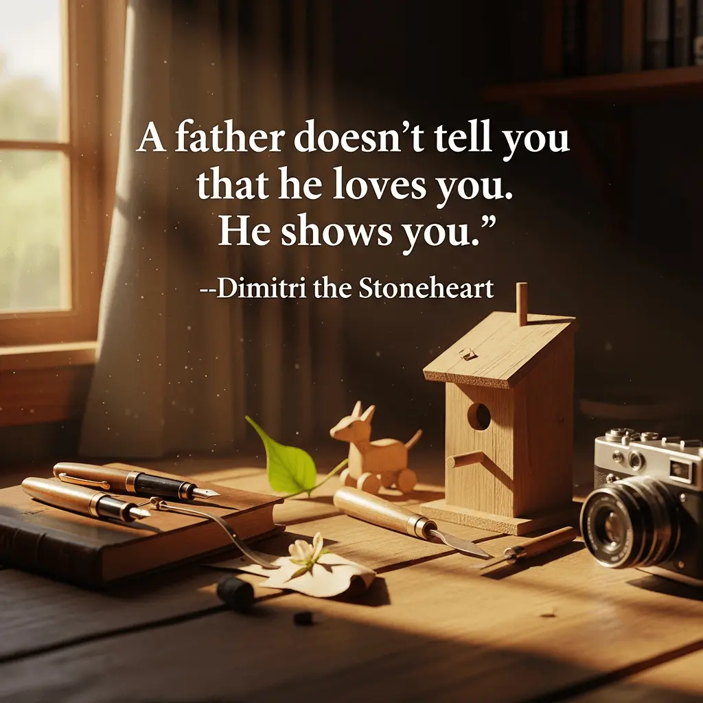 a happy father's day graphic with a quote form dimitri the stoneheart showing objects like carved wooden children's toys