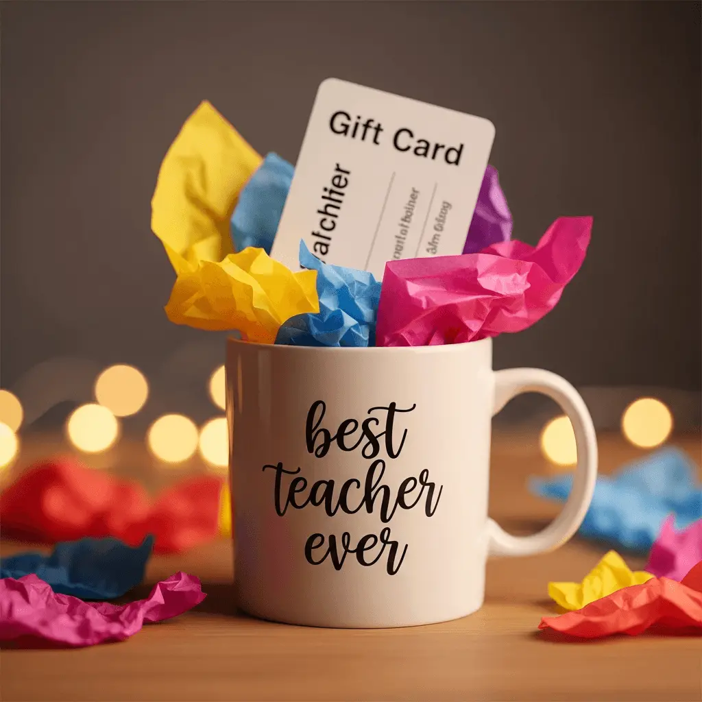 a teacher appreciation gift card idea with "a best teacher ever" coffee mug and a gift card nestle inside among colorful tissue paper