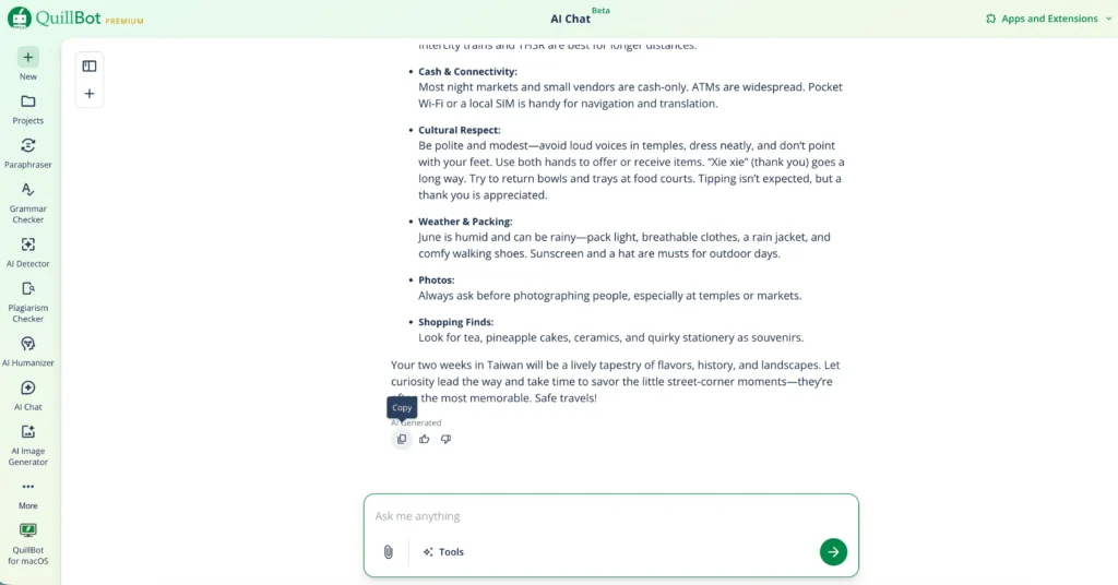 A screenshot of Quillbot's AI Trip Planner creating a trip itinerary